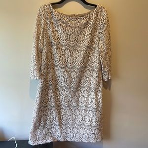 Evening dress tan with lace overlay and sequins, size 16